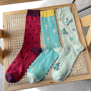 薄款 气质 卡通花袜子纯棉四季 外贸男士 长筒绿色商务袜 美国单Bar