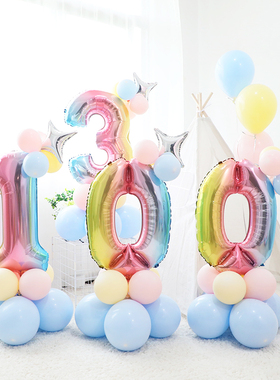 马卡龙渐变彩虹色数字柱子路引气球宝宝周岁生日满月百天婚庆布置