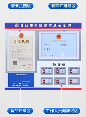 食品安全信息公示栏营业执照卫生经营许可证三合一框健康证展示牌