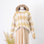 加厚毛衣女圆领菱形格子针织衫 温柔暖黄色宽松慵懒风ins网红同款