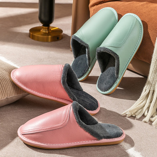 秋冬真皮面棉拖鞋男女居家室内情侣防滑静音地板保暖牛皮拖鞋家用