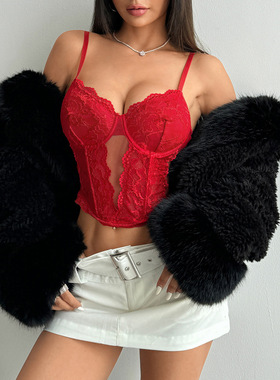 跨境外贸辣妹半透蕾丝拼接红色圣诞胸衣钢圈鱼骨显胸小背心11529
