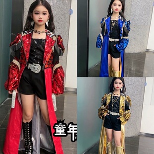 儿童走秀潮服女童重工西装外套蓝色金色pk赛服太阳之子女神模特赛