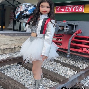 儿童走秀潮服女童机车服银色皮衣帅气酷朋克风车模皮外套pk赛服装