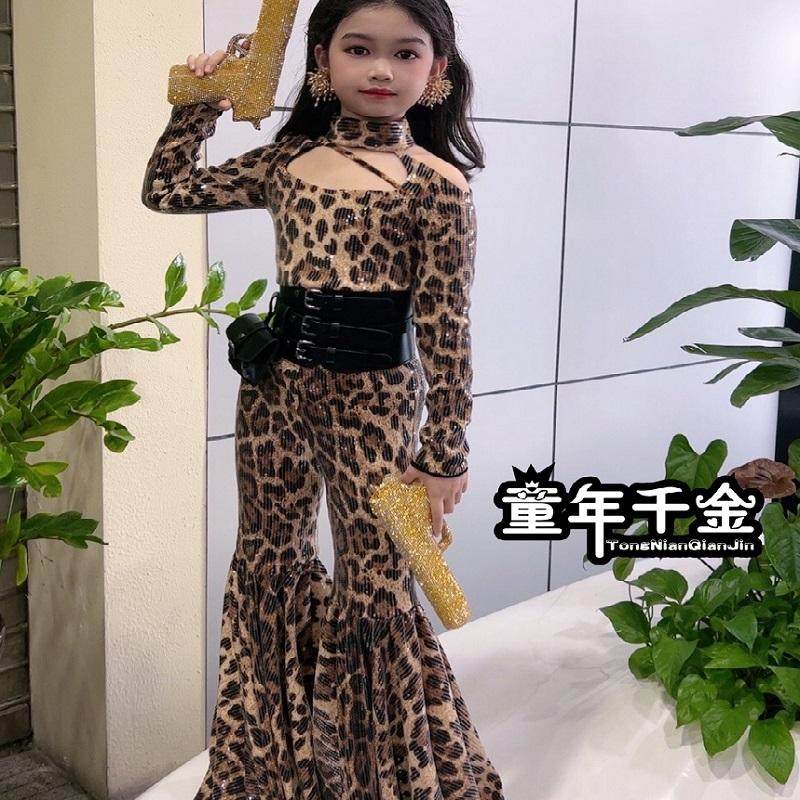 秋冬儿童走秀潮服女童豹纹套装长袖时尚喇叭裤个性创意模卡摄影