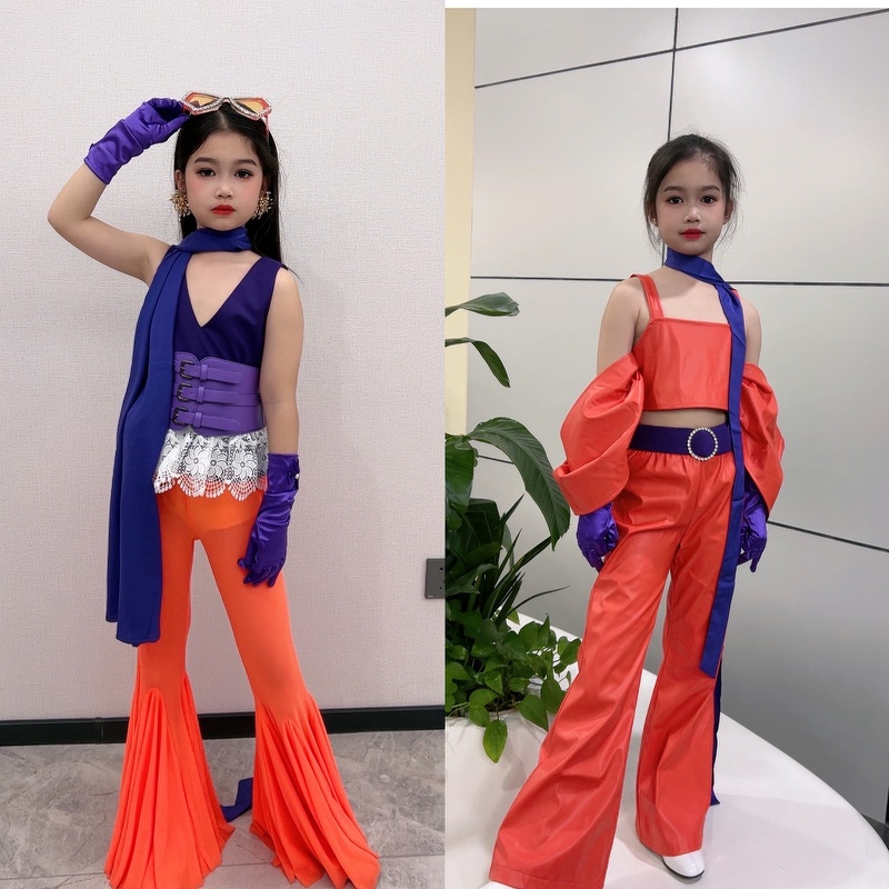 大玩家儿童走秀潮服女童多巴胺橙色套装时尚舞台演出服皮裤爆款