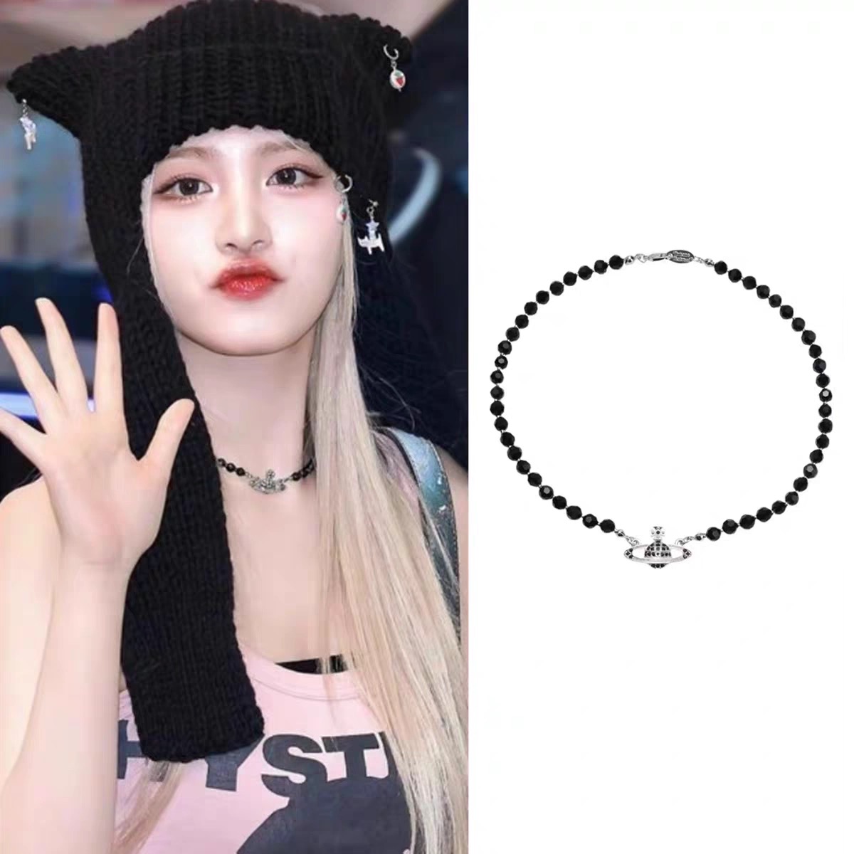 IVE金志垣Liz同款黑珠星球颈项链男女复古小众锁骨链栗子机场穿搭