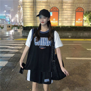 跑步运动套装女夏季宽松大码休闲短袖短裤假两件套装闺蜜装篮球服