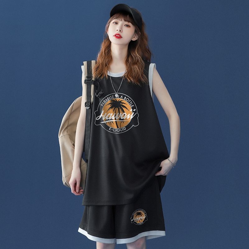 休闲运动套装女2023夏季新款学生韩版宽松显瘦篮球服球衣两件套潮
