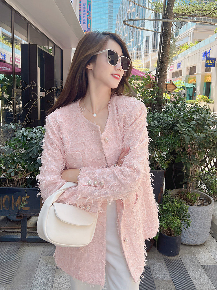 衣彩炫酷秋季新款粉色羽毛短流苏小香风编织外套女高级感显瘦上衣,女装/女士精品,毛呢外套,淘宝优惠券,粉丝福利购,淘宝优惠卷