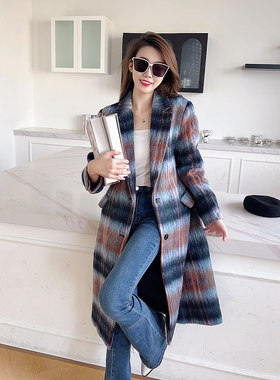 衣彩炫酷混色长毛毛呢大衣外套女