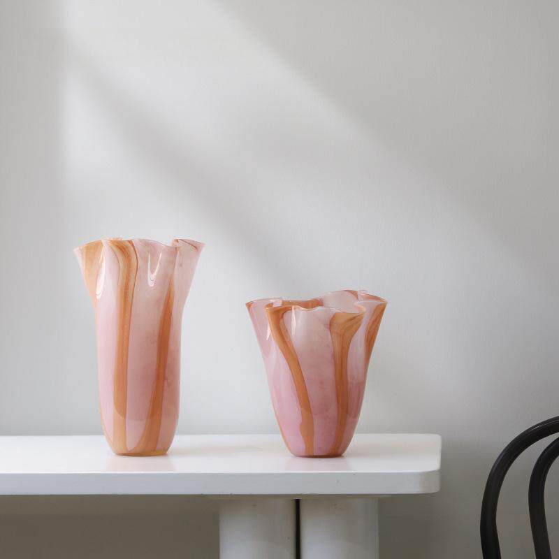 糖果色竖条纹喇叭花手工水培玻璃花瓶家居客厅装饰品大口径花器
