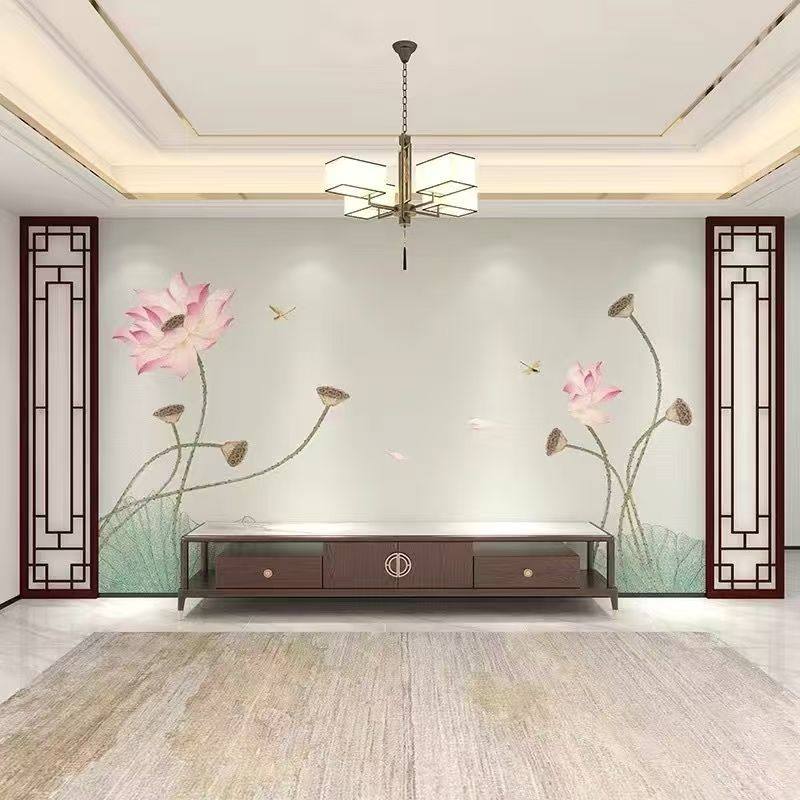 简约中式荷花电视背景墙立体客厅电视背景布墙壁贴纸家用定制壁画,家装主材,定制壁画,淘宝优惠券,粉丝福利购,淘宝优惠卷