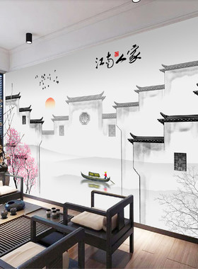 新中式电视背景墙壁纸徽派建筑墙布客厅餐厅壁画8D立体无纺布墙纸