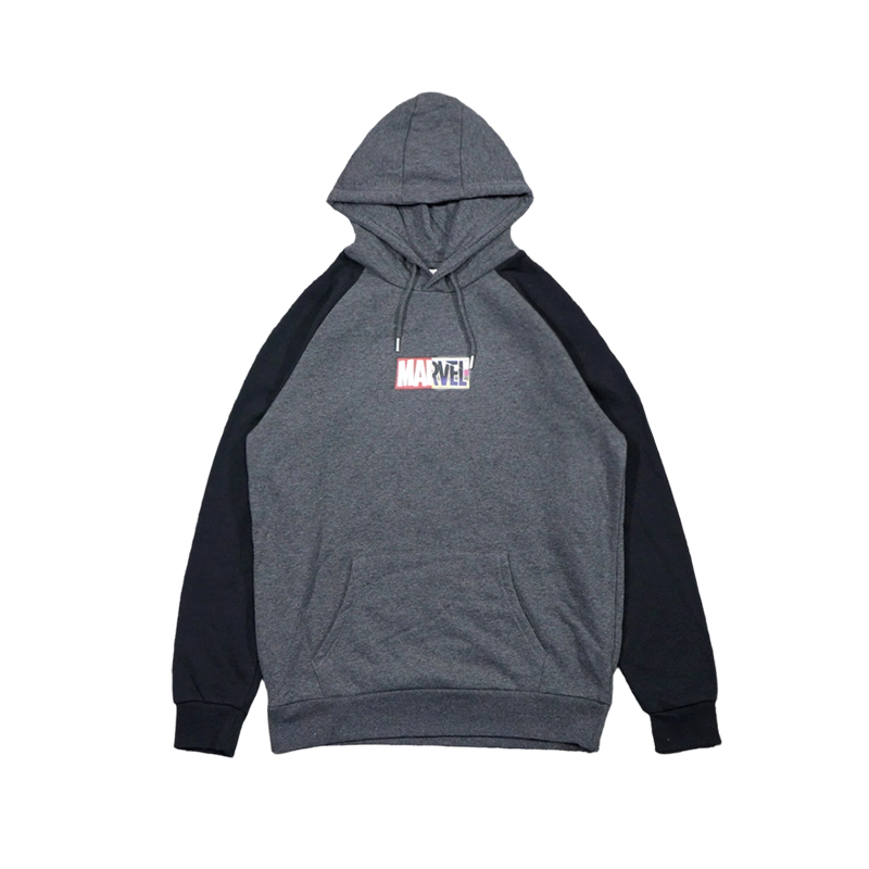 美潮街头休闲胸口印花拼色插肩袖抓绒套头连帽卫衣