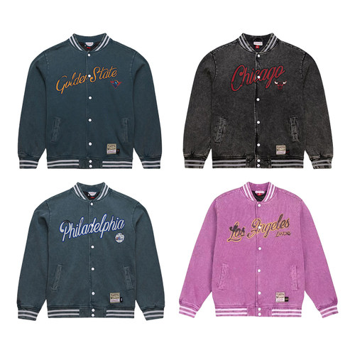 正品美潮 MITCHELL&NESS 勇士湖人76人公牛联名做旧水洗棒球夹克