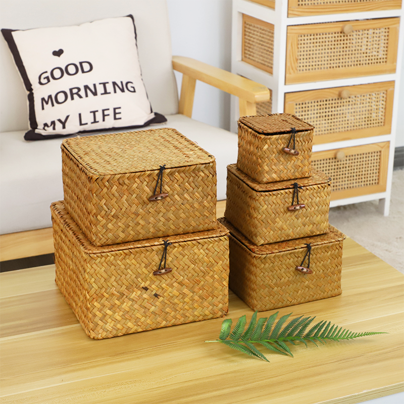 草编收纳盒储物盒桌面杂物收纳筐家用格子有盖饰品海草编织储物篮,收纳整理,其他收纳篮,淘宝优惠券,粉丝福利购,淘宝优惠卷