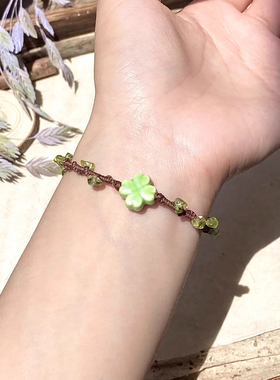 幸运四叶草小花环森系手作手链小众设计编织网兜花环手链可调节