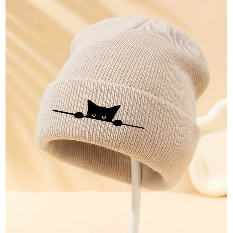 新款秋冬保暖冷帽卡通黑猫印花毛线帽男女休闲情侣针织帽子
