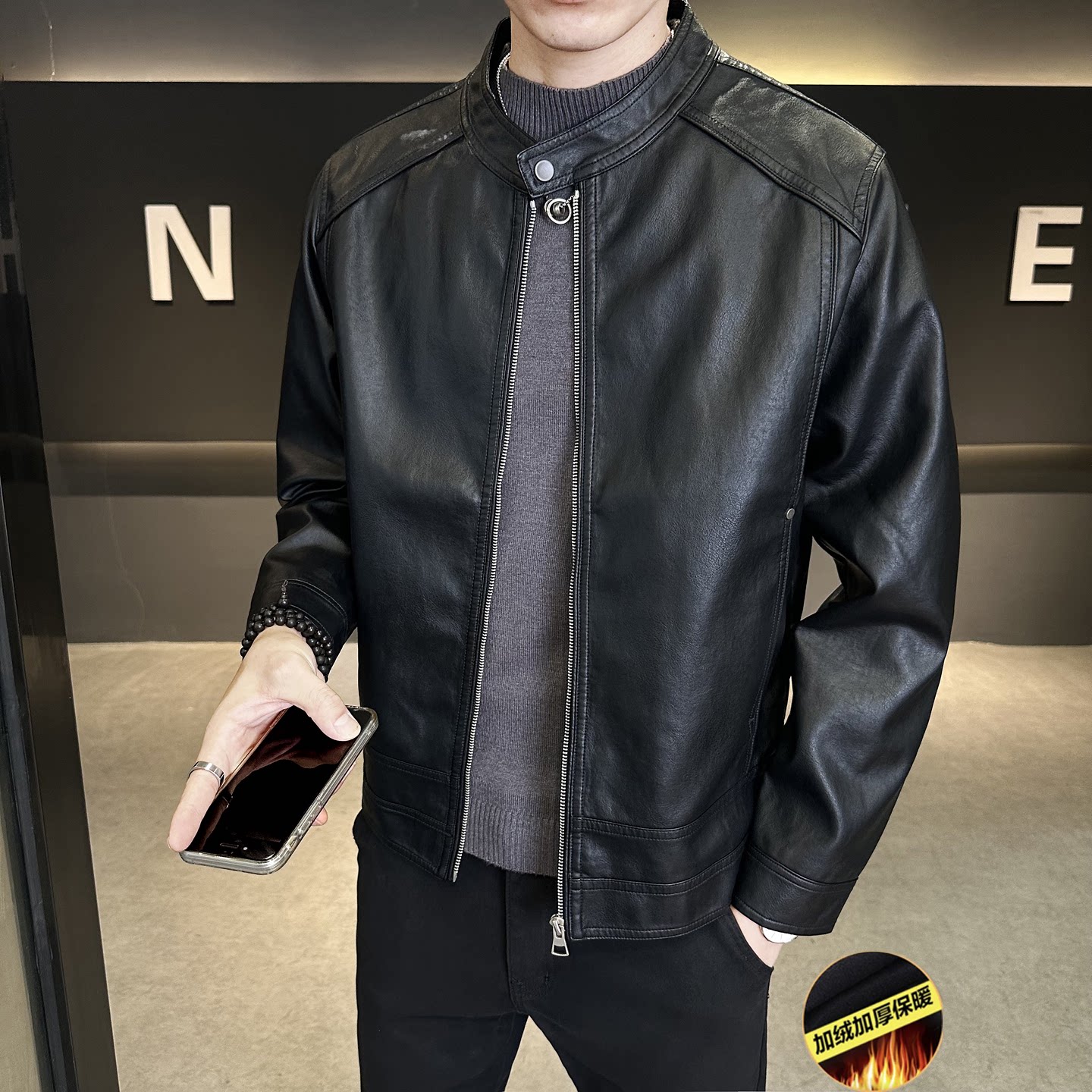 男士复古痞帅机车皮衣立领短款秋季加绒皮夹克休闲潮流百搭外套