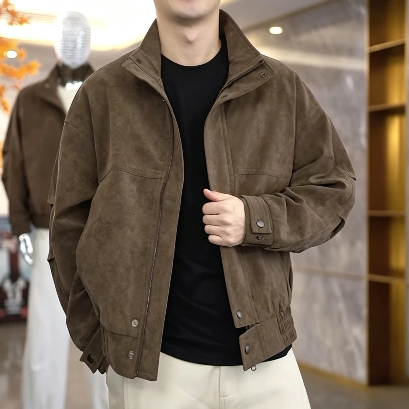 复古痞帅立领短款男士皮衣