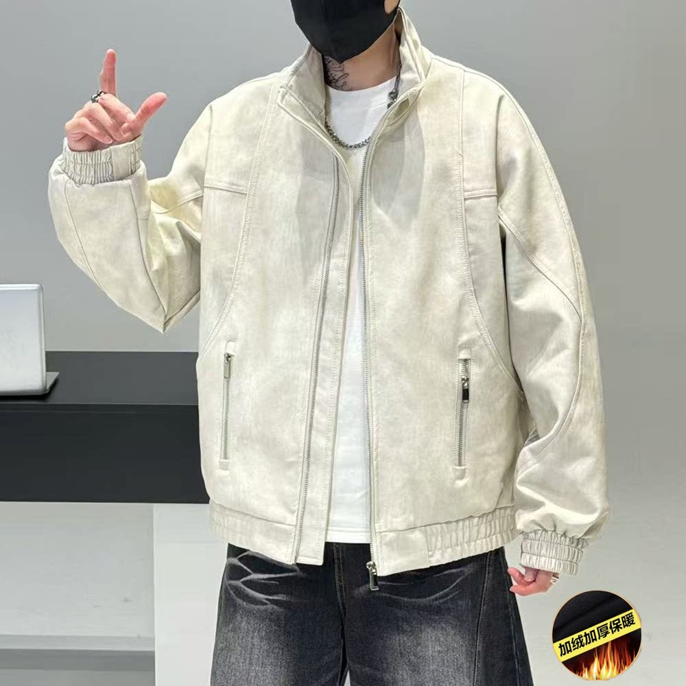 美式复古机车短款加厚白色皮夹克