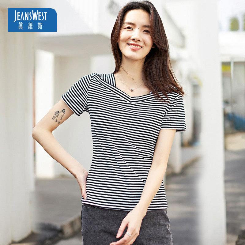 真维斯条纹T恤女2020夏装新品微弹简约时尚女式短袖t恤上衣打底衫