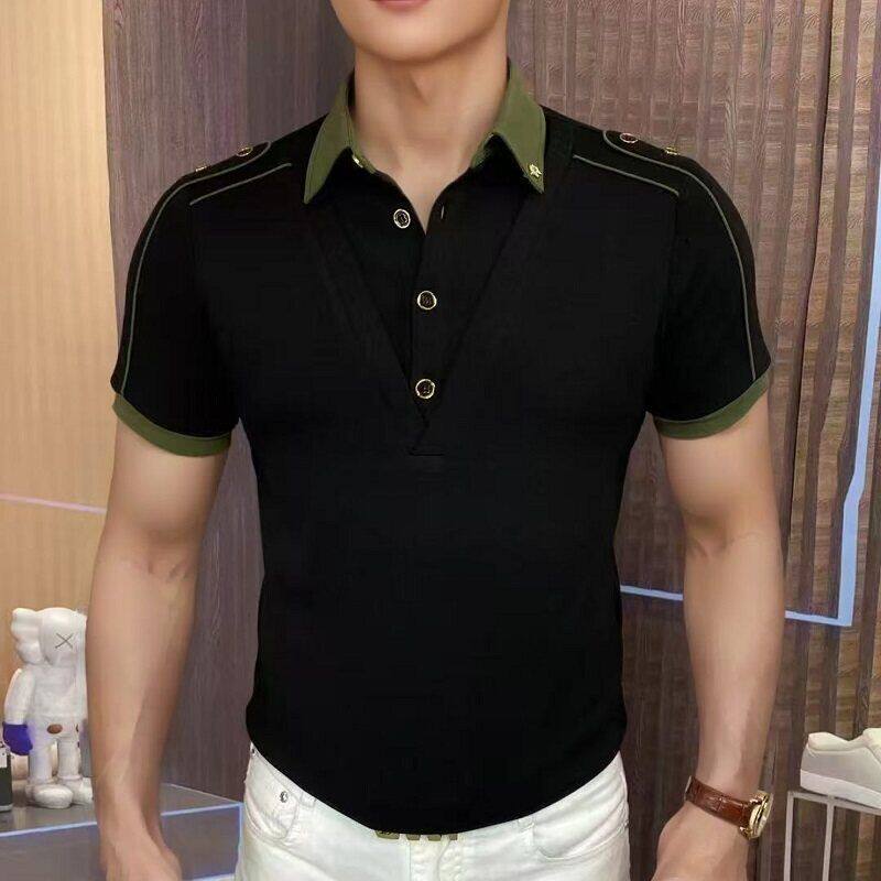 欧洲站假两件冰丝短袖T恤男士夏季潮流时尚轻奢青年翻领POLO衫男