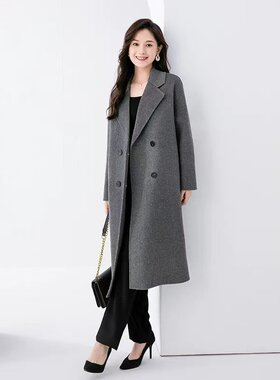 新款双面羊毛羊绒大衣女中长款秋冬小个子毛外套双排扣长袖西装领
