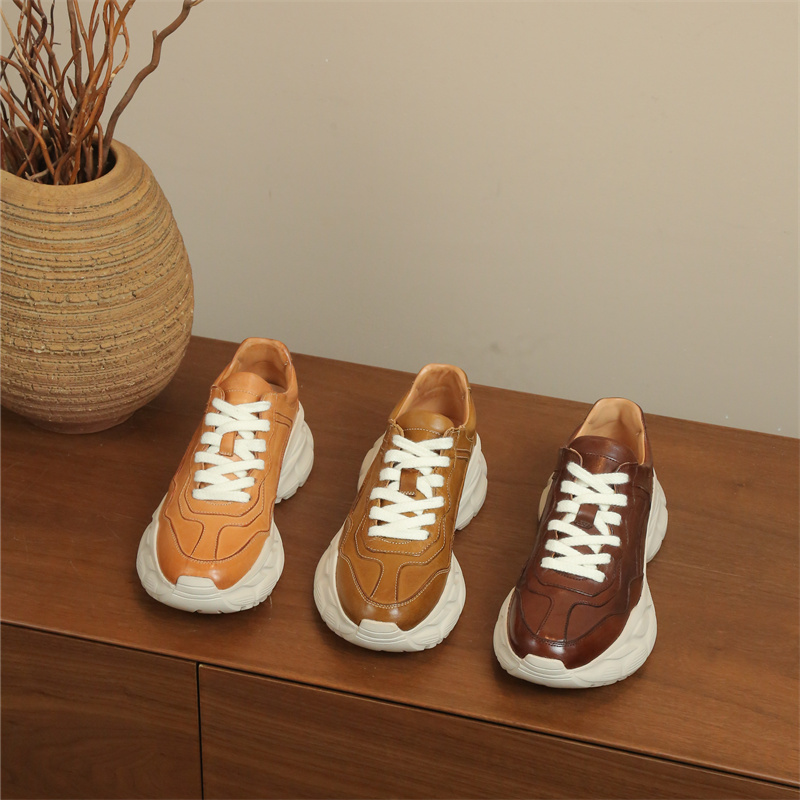 雪密欧2025新款手工做旧水洗马皮厚底老爹鞋女百搭时尚休闲运动鞋