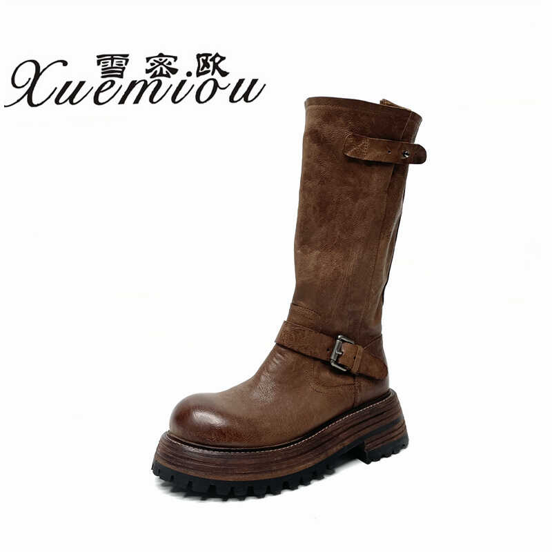 复古厚底马丁靴女大筒围中筒骑士靴新高跟炸街机车靴150-8