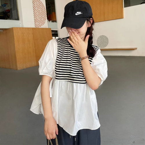 特价清仓 减龄条纹拼接别致上衣夏设计感五分袖娃娃衫女套头短袖