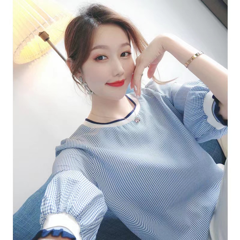专柜女装衣依阿玛施2023夏季爆款时尚洋气蓝格子中袖宽松雪纺衫