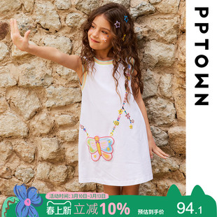 女童白色连衣裙新款夏季薄款T恤裙小女孩彩虹多巴胺无袖背心裙子