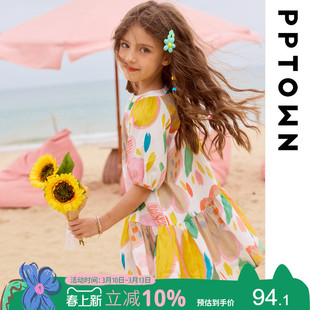 女童连衣裙夏季2025新款儿童泡泡袖印花裙子小女孩多巴胺小洋裙