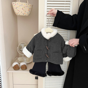 子潮 时髦加厚裤 女宝宝冬装 加绒加厚毛领呢子外套女童棉衣洋气韩版