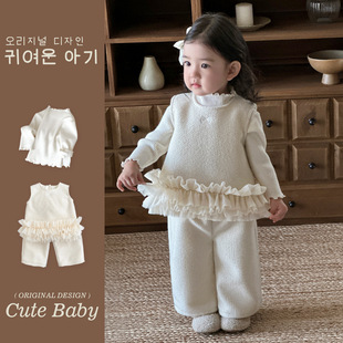 打底衫 婴幼童洋气小公主加厚套装 韩版 新款 三件套周岁衣服 花边冬季
