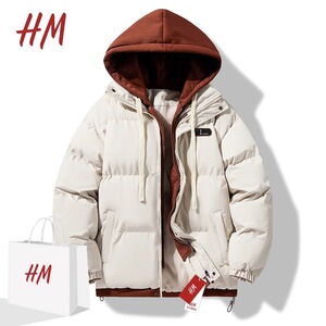 HM2024新款假两件羽绒棉服男士冬季潮牌加厚棉袄情侣连帽防寒棉服