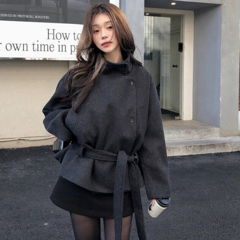 韩国chic冬季新款韩系高级感系带加棉加厚立领呢子外套女系带大衣