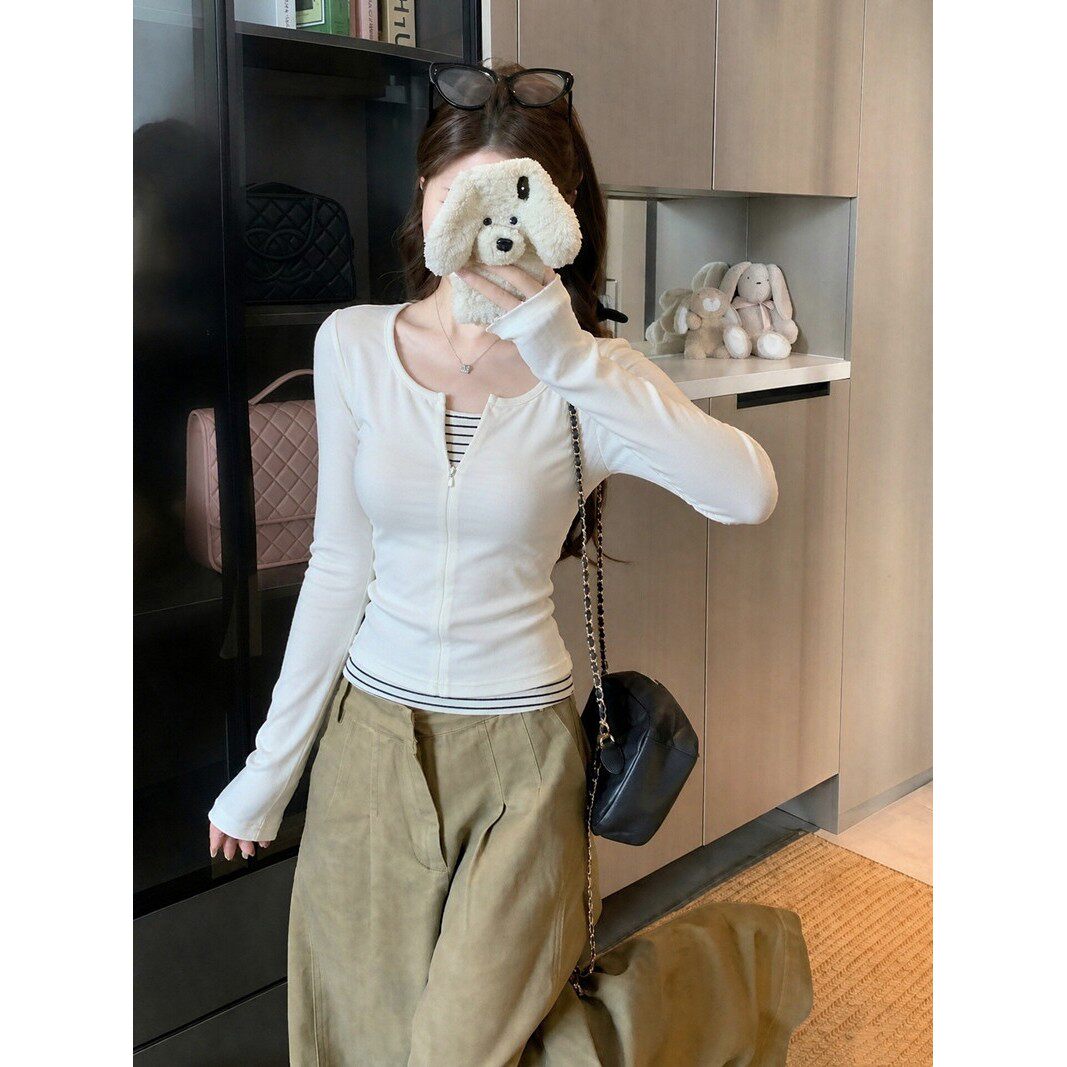 白色条纹假两件内搭打底衫女秋冬韩系修身外穿长袖t恤上衣