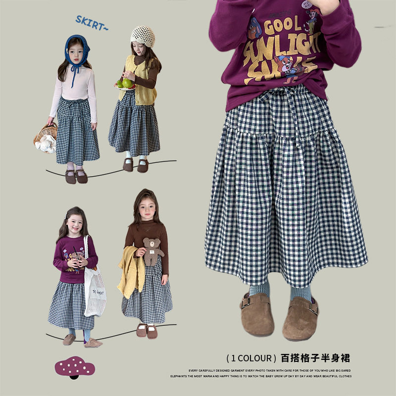 艾摩贝贝女童文艺风中长款裙子2025秋儿童韩版休闲麻棉格子