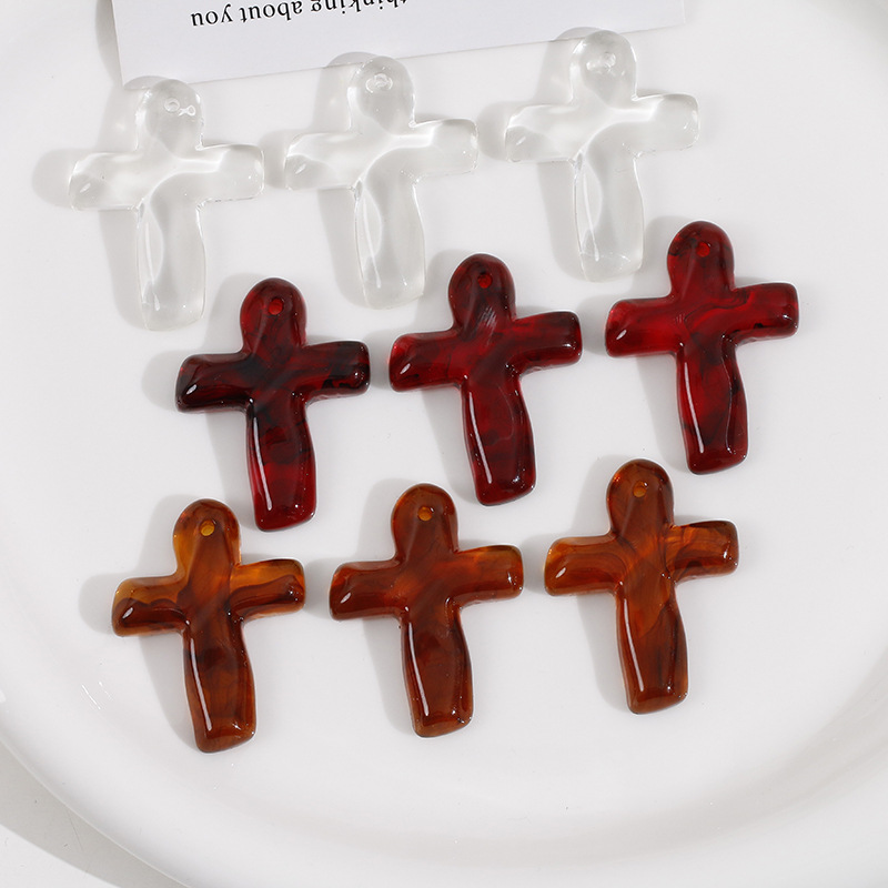 半透咖色带孔十字架树脂贴片耳环