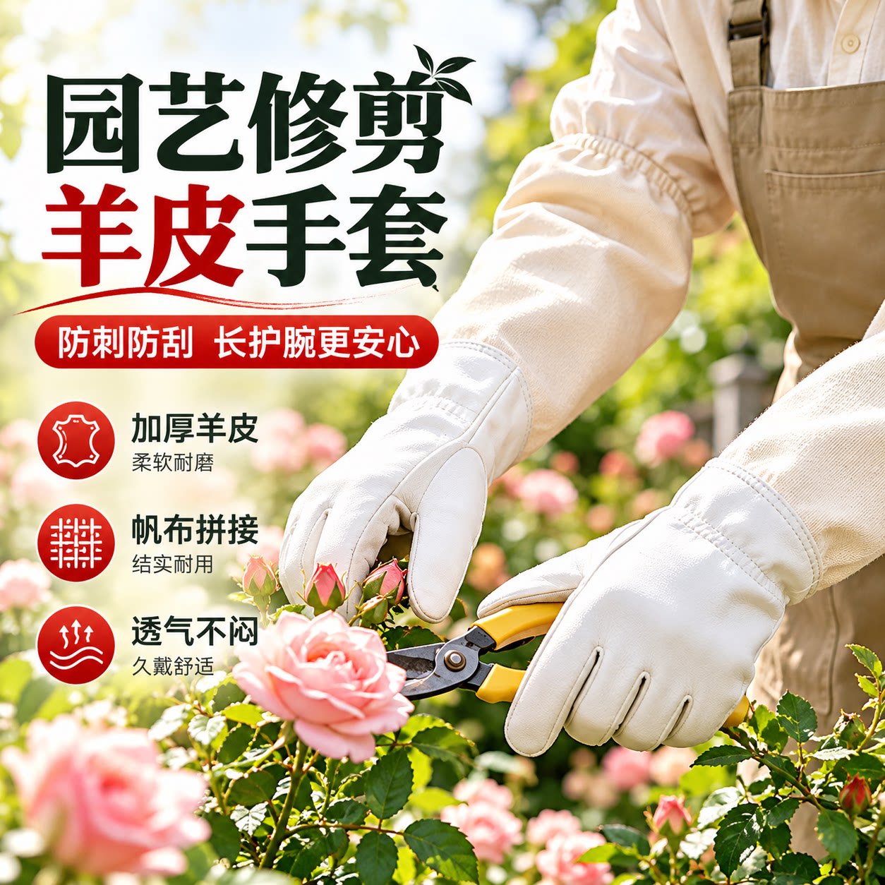 加厚月季专用羊皮防刺手套园艺摘花椒剥板栗防扎防刮帆布拼接防护