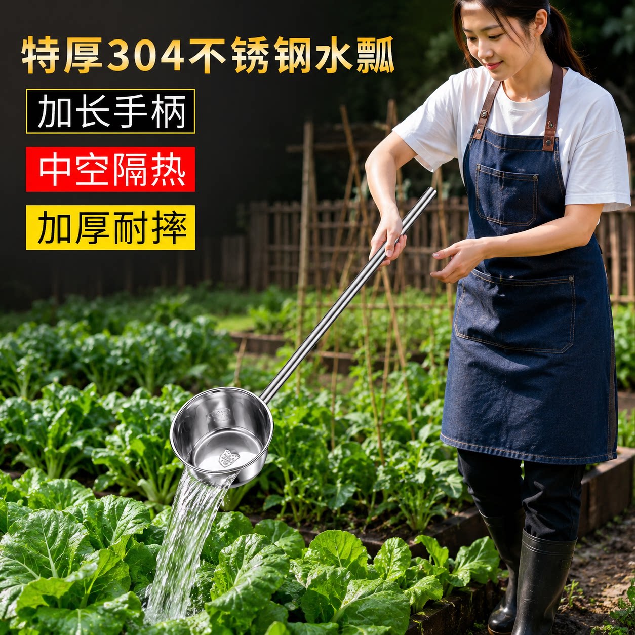 不锈钢水瓢商用长柄把浇菜水勺浇花水舀子浇水大汤勺农用勺子摆摊图片