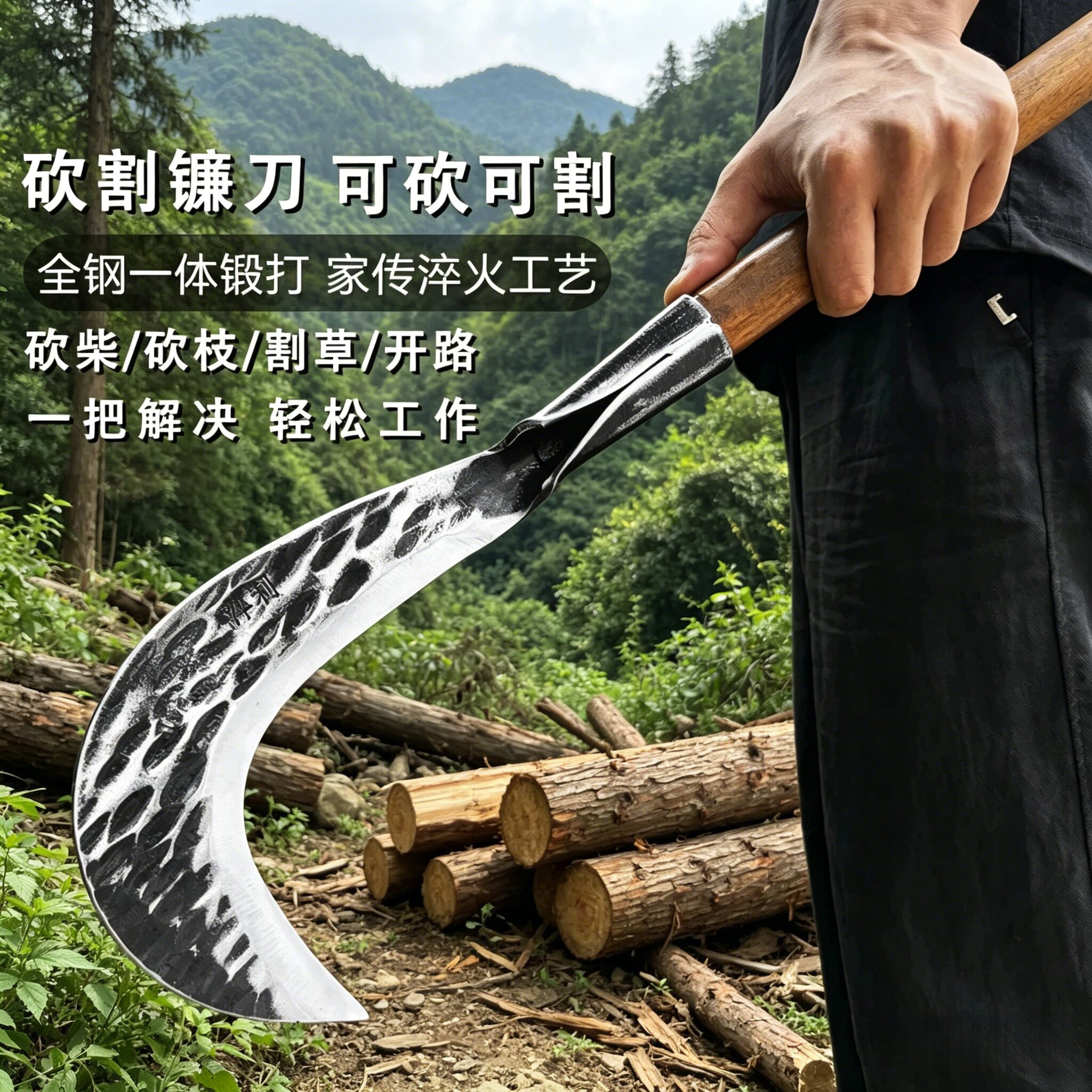 手工锻打加厚砍割两用镰刀图片