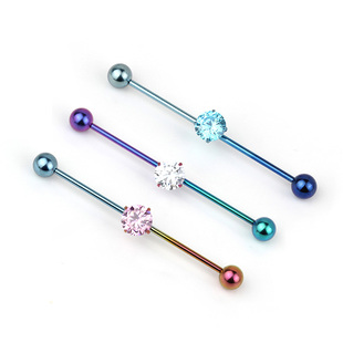 钛合金植入级内牙长杆渐变色双耳洞穿刺饰品时尚耳骨钉带孔耳桥