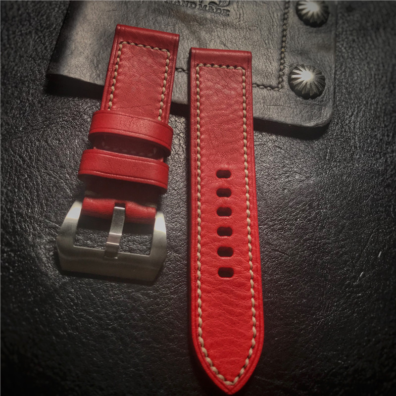 GF手工表带红色复古软牛自然旧化皮料表带适用于沛纳海精工欧米茄