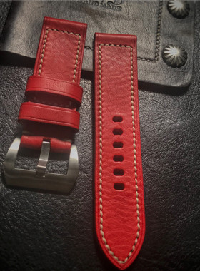 GF手工表带红色复古软牛自然旧化皮料表带适用于沛纳海精工欧米茄