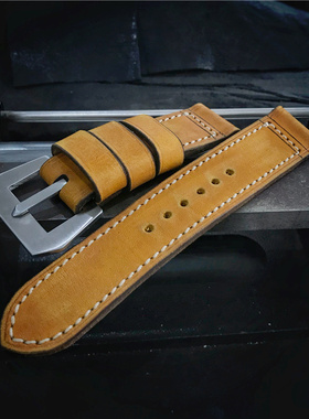 GPF表扣平扣手工表带黄色二战复古做旧适用于沛纳海表带24 26MM