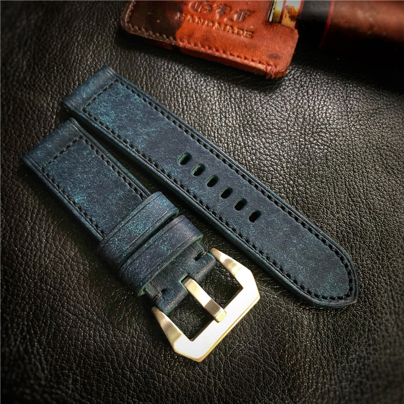 沛纳海蓝色头层牛皮表带手工定制